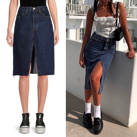 Re/Done Dresses & Skirts - NWT RE/DONE 90s High Waist Front Slit Dark Denim Raw Fray Hem Midi Jean Skirt 26